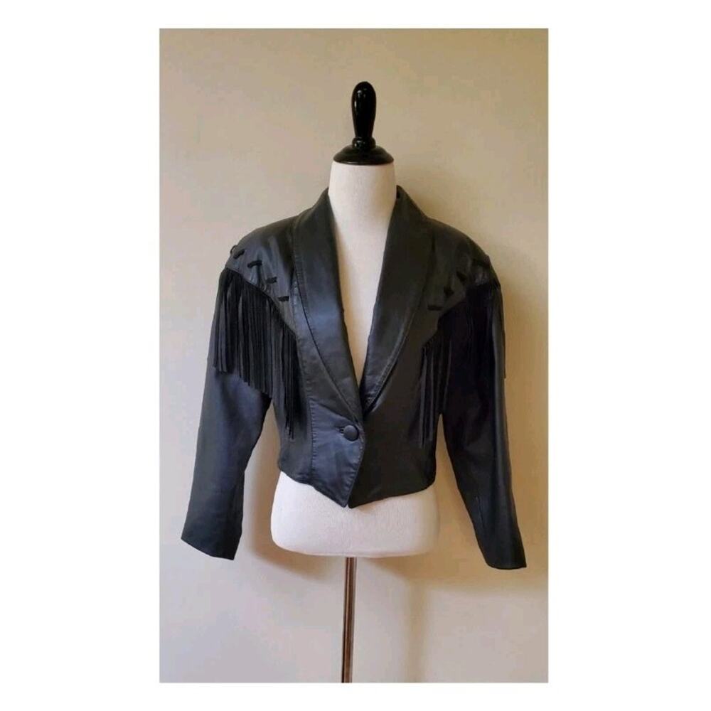 Vtg 1990's American Leather Silverleaf Black Crop‎ Leather Jacket W/ Fringe Sz M